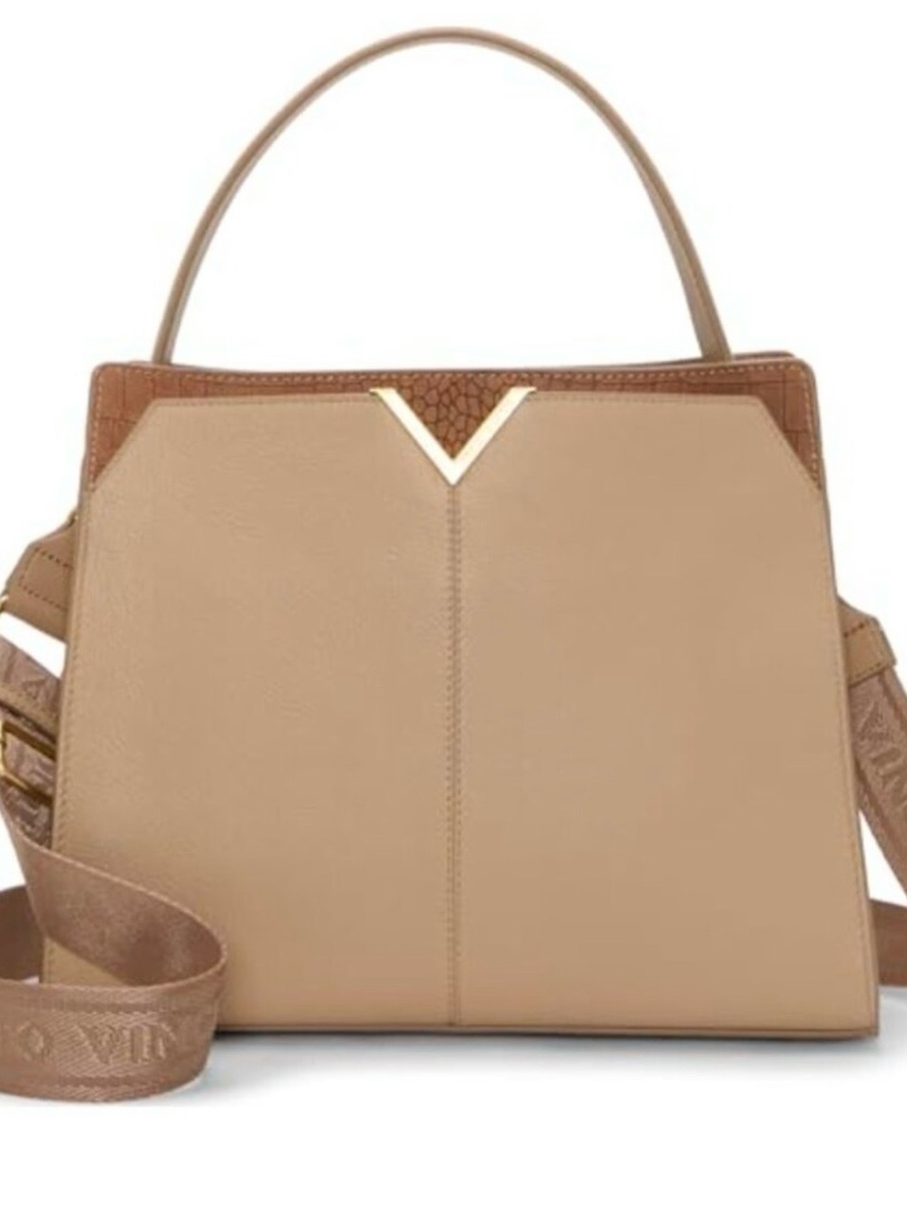 Vince Camuto Tasha SH cappuccino/Cognac Handle Tote Bag with guitar strap.